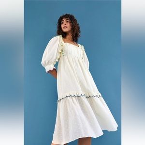 Farm Rio Off-White Textured Puff Sleeve Midi Dress